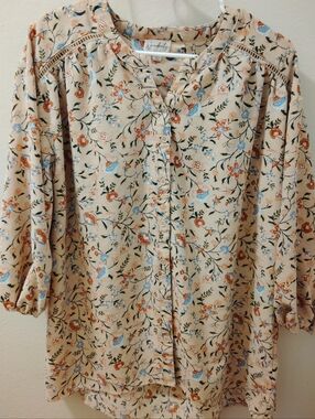 Wonderly Beige Floral Button-Front Blouse with Blue & Rust Accents